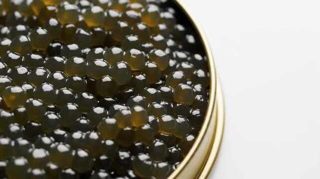 Close up of caviar pearls in round container on white background