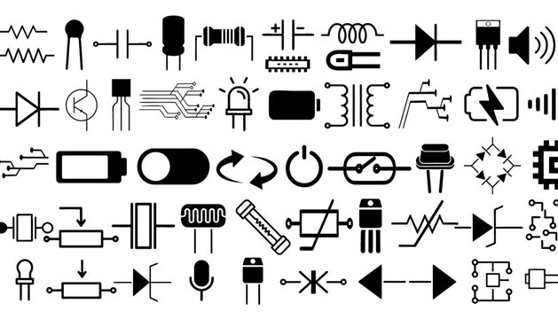 Electronic components and circuitry symbols icons set with resistor