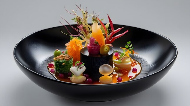 A luxuriously decadent dish, meticulously arranged in an ebony bowl, exudes a sophisticated modernity. The dish itself is a gourmet creation, featuring a symphony of flavors and textures