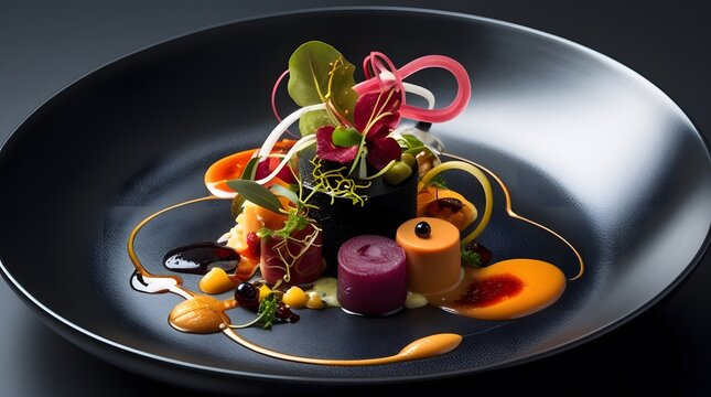 A luxuriously decadent dish, meticulously arranged in an ebony bowl, exudes a sophisticated modernity. The dish itself is a gourmet creation, featuring a symphony of flavors and textures