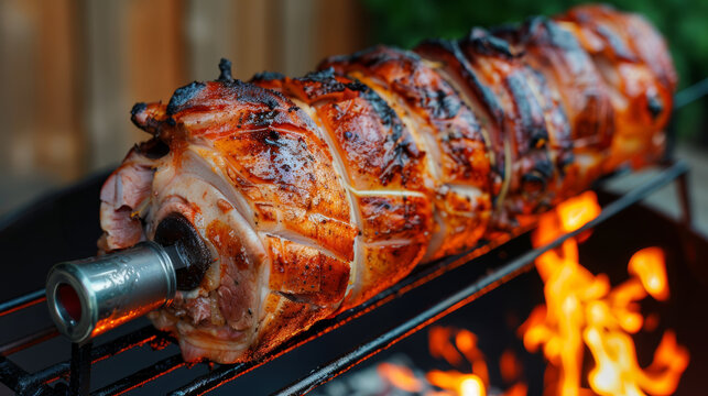 Pork is roasting on a spit, surrounded by bright flames, during a summer outdoor event with friends enjoying the warmth