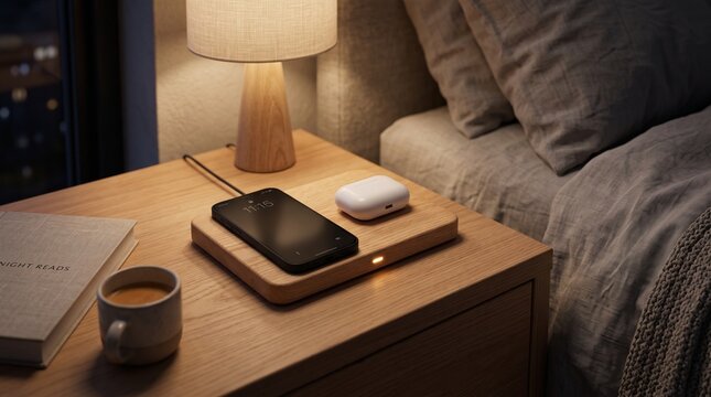Wooden Multi Device Wireless Charging Pad on Nightstand
