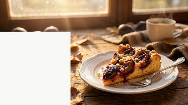 Slice of homemade plum cake on a plate with coffee on a rustic wooden table in autumn sunlight october fest foods.