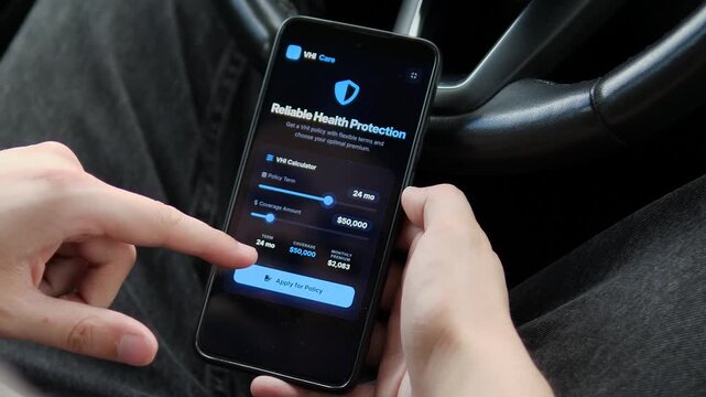User customizes health insurance coverage and policy duration on a smartphone before receiving approval, reflecting the rise of digital insurance and personalized healthcare plans.