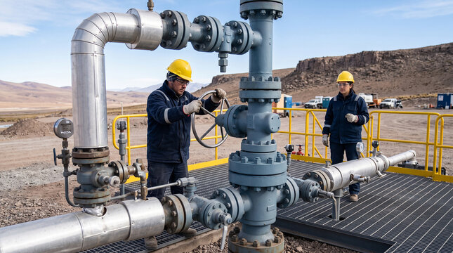 Engineers verify a geothermal wellhead before commissioning