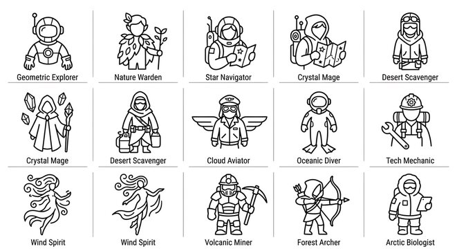 Fantasy and Sci-Fi Character Class Line Art Icon Set