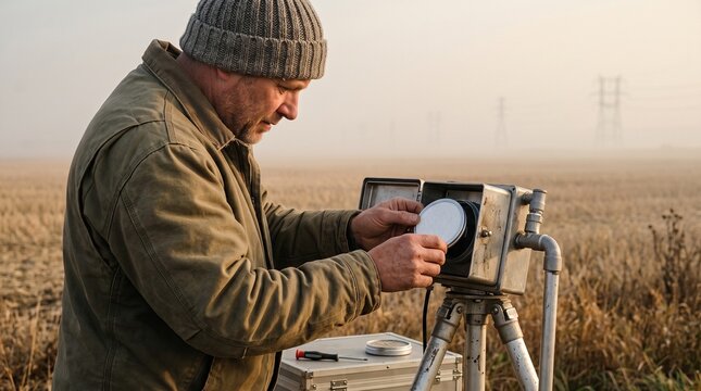 Field technician samples airborne particles at a rural borderland