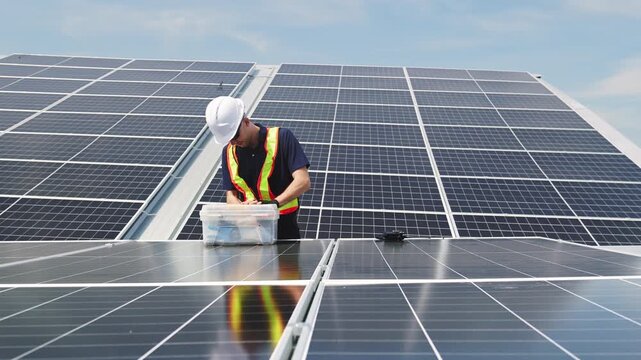 Technician installing rooftop solar panels for green energy, supporting renewable energy, clean power, sustainable technology and solar infrastructure.