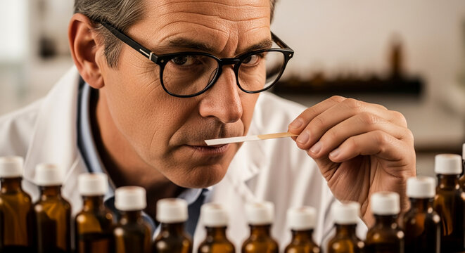 Professional male perfumer in glasses and lab coat carefully smelling a fragrance tester strip in a laboratory surrounded by essential oil bottles.