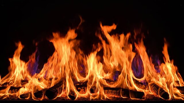 Fiery flames dancing in a dark void with a cinematic slow burn effect