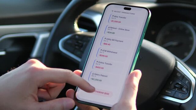 A smartphone displays a hacked banking interface with unauthorized transactions and withdrawal activity, highlighting modern cybercrime, account takeover and fintech security concerns.