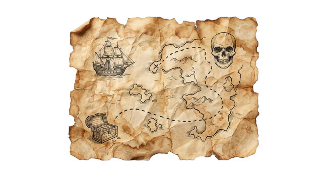 Old vintage paper map with hand drawn path isolated on transparent background