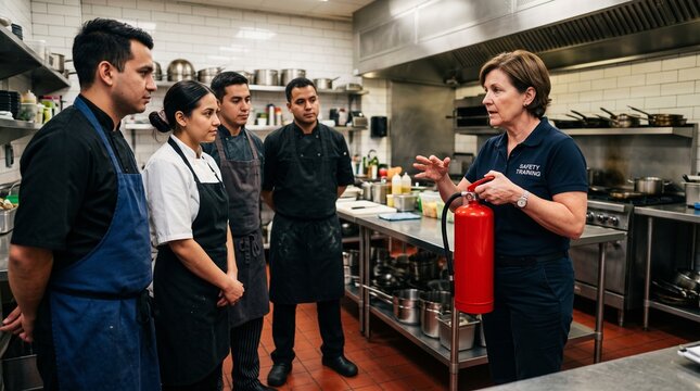 Restaurant crew gathers for a kitchen fire safety briefing