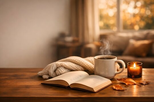 Cozy autumn reading corner with coffee and glowing candle
