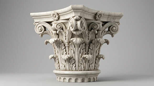 Ornate white marble corinthian column capital with acanthus leaves and volutes desig