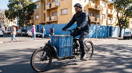 Fototapeta premium Cargo bicycle courier rides through a dense local neighborhood