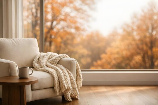 Cozy autumn chair with blanket overlooking colorful trees