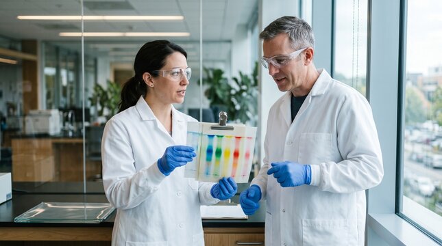 Scientists inspect completed rainbow chromatograms after analysis