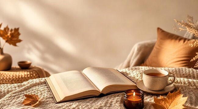 Cozy autumn reading scene with coffee and soft bedding