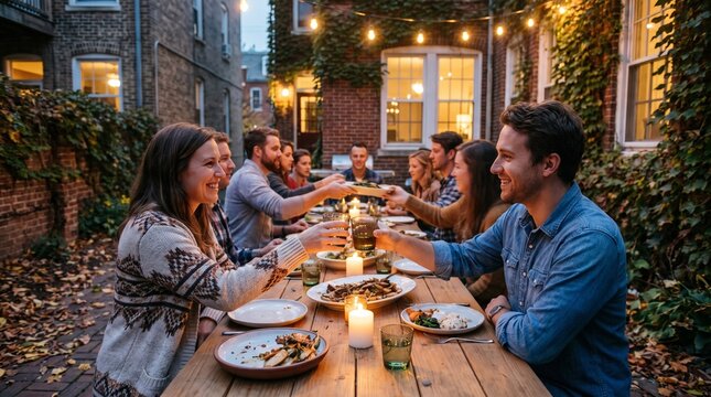 Neighbors gather for a relaxed courtyard supper