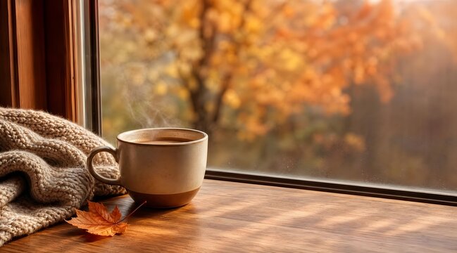 Cozy autumn window scene with coffee and knitted blanket