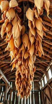 Dried tobacco leaves hanging from rafters in a rustic barn, landscape, rustic