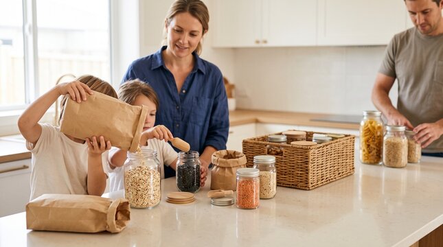 Family organizes bulk pantry staples at a kitchen island