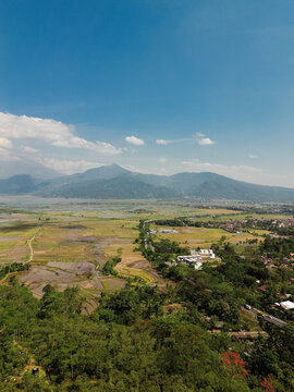 Aerial view of lush rice paddies and agricultural fields nestled beneath rolling mountains under a clear blue sky in Semarang, Central Java, Indonesia.