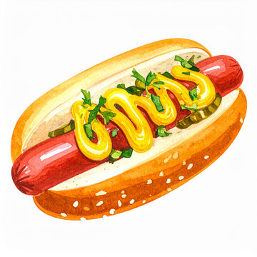 Hand-drawn watercolor illustration of delicious hot dog with melted cheese and fresh green herbs, soft golden bun, juicy sausage, colorful toppings, appetizing fast food aesthetic, white background.