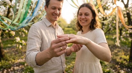 Fototapeta premium Wedding bands exchanged beneath luminous spectrum ribbons