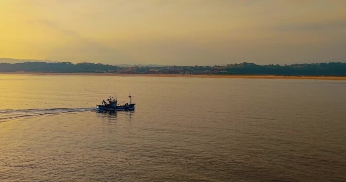 Cinematic aerial view of a fishing boat entering Santander bay at golden sunrise with a flock of seagulls approaching the vessel, Cantabria, Northern Spain.