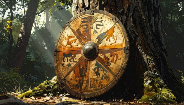 Ancient Viking Shield Hanging on Forest Tree Trunk.
