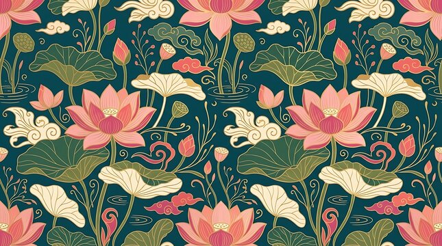 Elegant seamless pattern with pink lotus flowers and stylized clouds