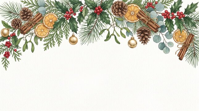 Watercolor Christmas garland with holly berries pine cones cinnamon sticks and dried orange slices