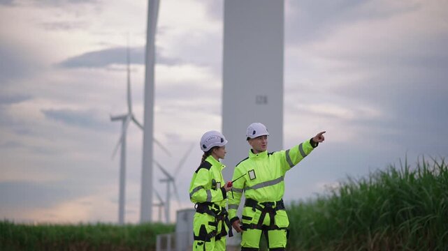 Engineers working on site in wind turbine farm, Wind turbines generate clean energy source, Eco technology for electric, industry environment, sustainable technology wind power maintenance.