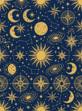Celestial seamless pattern with sun moon and stars on navy blue