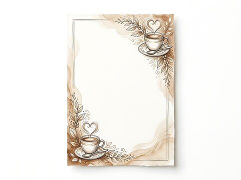 Vintage coffee themed stationery paper background with decorative cups and coffee plant branches, elegant border design