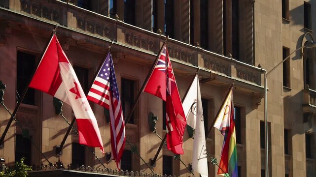 Flags waving in Toronto showing cultural diversity and unity