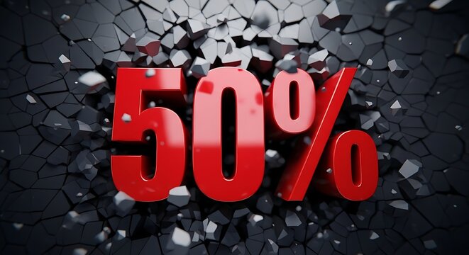 A bold red fifty percent discount sign displayed against a dark textured background perfect for promoting your upcoming annual black friday sale