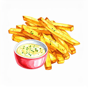 Hand-drawn watercolor illustration of crispy oven-baked French fries with creamy garlic aioli dip, golden crunchy potato sticks, expressive brush strokes, appetizing culinary artwork.