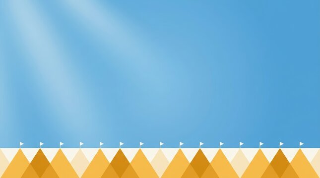 Minimalist circus tent background under blue sky with sun rays.