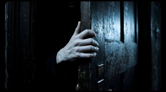 A mysterious human hand reaching out from deep darkness towards a glowing blue light in the shadows