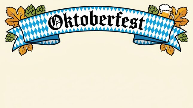 Oktoberfest banner with Bavarian blue checkered ribbon and autumn leaves on cream background.