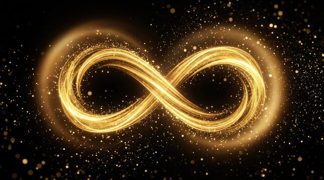 Glowing golden infinity symbol made of sparkling light particles isolated on a deep black background