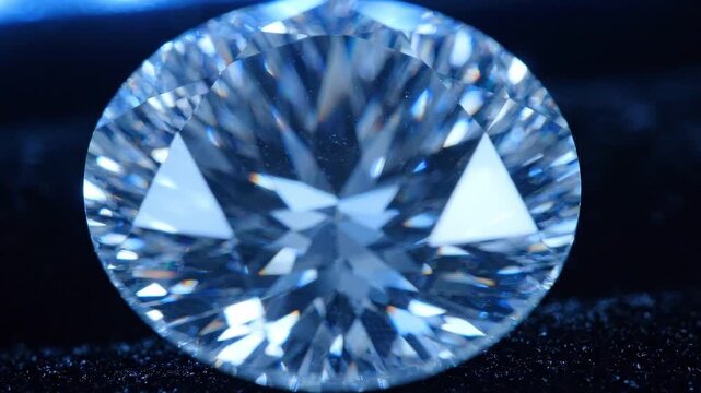 Brilliant diamond gemstone reflecting light on black velvet surface, showcasing intricate facets and clarity under bright illumination in a close-up view