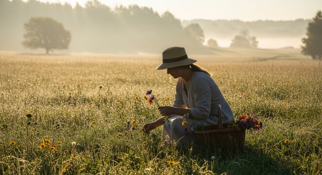 Woman gathering wildflowers in misty meadow at dawn.