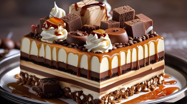 Indulge in a decadently rich and sumptuously layered coffee dessert, lavishly adorned with a generous array of delectable treats. This exquisite creation boasts velvety layers of espresso-infused crea