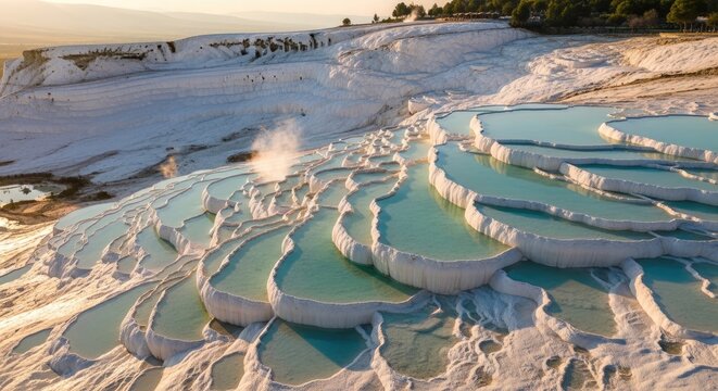 Aerial view of white travertine terraces and turquoise pools.