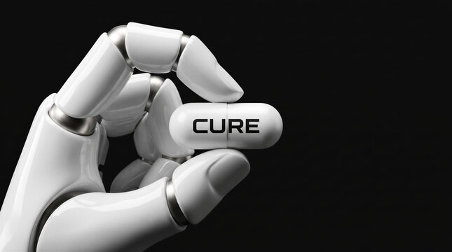 Robotic prosthetic bionic hand holding a cure capsule for futuristic biotech healthcare pharmaceutical innovation.