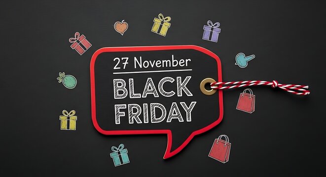 A festive black friday shopping advertisement featuring a red price tag design surrounded by various colorful icons on a dark background surface